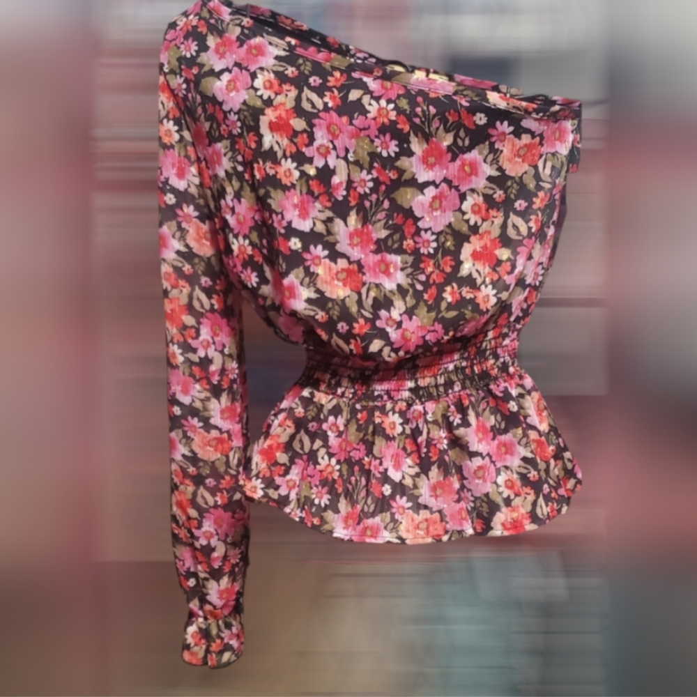 One Shoulder Floral Ruched Waist Top Size Small
